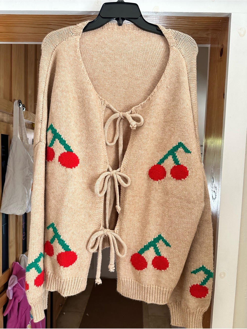 Women’s Beige Cherry Tie-Front Sweater Cardigan